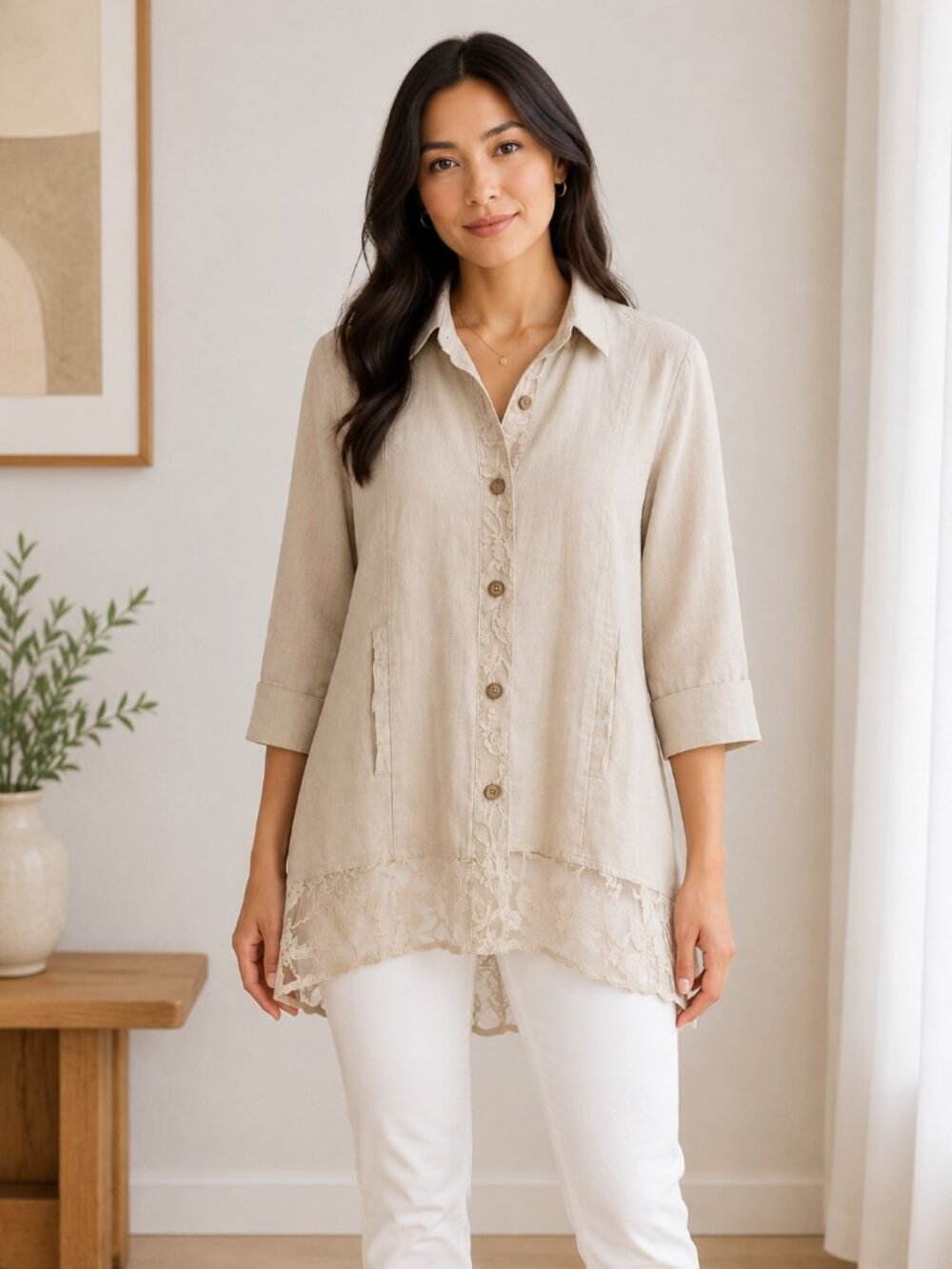 Simply Noelle Linen Blend Tunic Jacket L Beige Lace Hem Button Front Boho